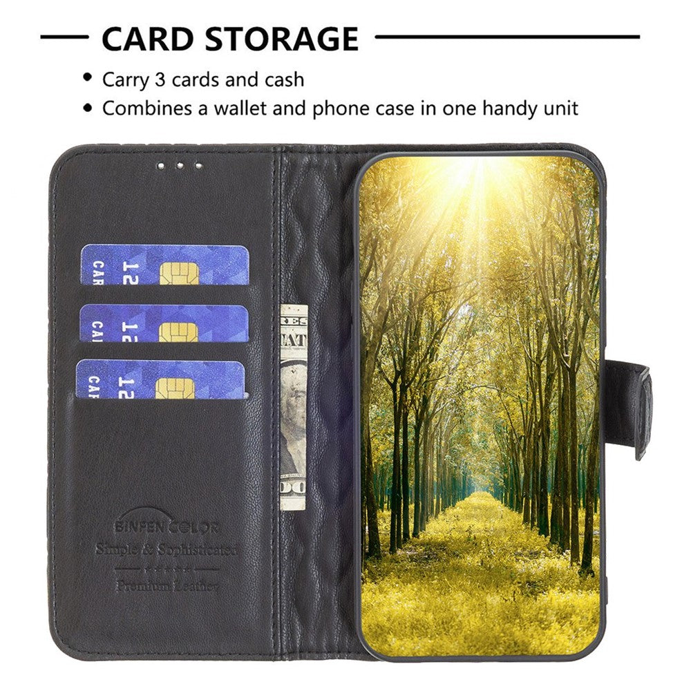 BINFEN COLOR For iPhone 14 6.1 inch BF Style-14 Matte PU Leather Imprinted Rhombus Pattern Case Stand Wallet Cover