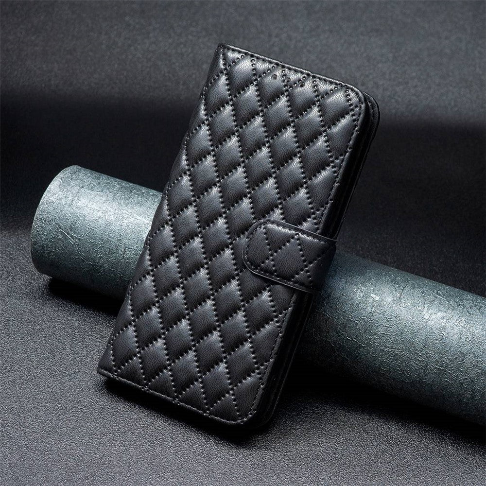 BINFEN COLOR For iPhone 14 6.1 inch BF Style-14 Matte PU Leather Imprinted Rhombus Pattern Case Stand Wallet Cover