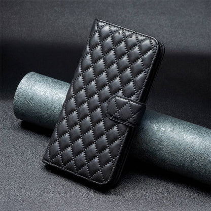 BINFEN COLOR For iPhone 14 6.1 inch BF Style-14 Matte PU Leather Imprinted Rhombus Pattern Case Stand Wallet Cover