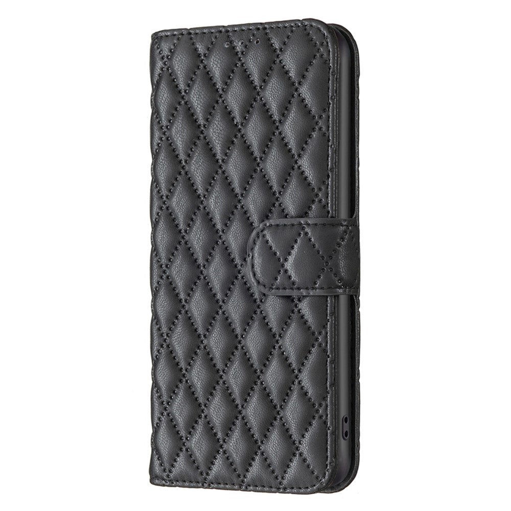 BINFEN COLOR For iPhone 14 6.1 inch BF Style-14 Matte PU Leather Imprinted Rhombus Pattern Case Stand Wallet Cover
