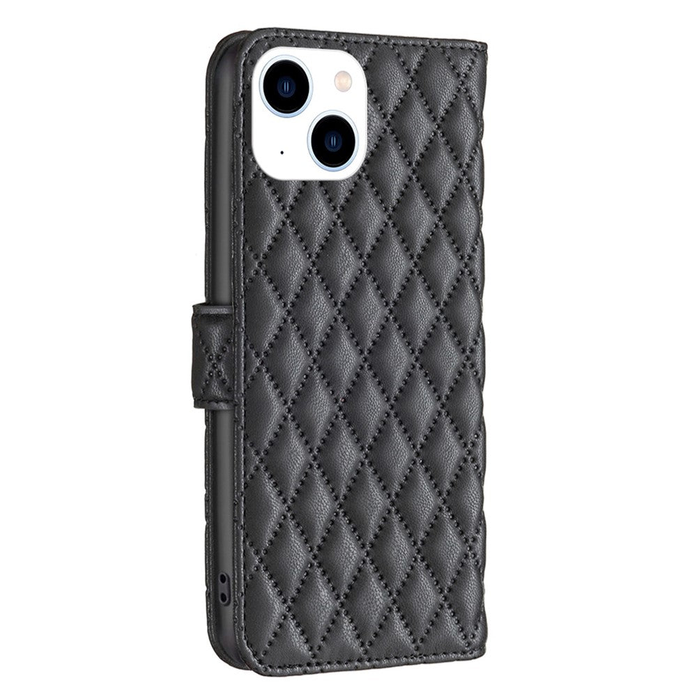 BINFEN COLOR For iPhone 14 6.1 inch BF Style-14 Matte PU Leather Imprinted Rhombus Pattern Case Stand Wallet Cover