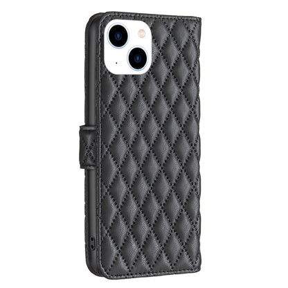 BINFEN COLOR For iPhone 14 6.1 inch BF Style-14 Matte PU Leather Imprinted Rhombus Pattern Case Stand Wallet Cover