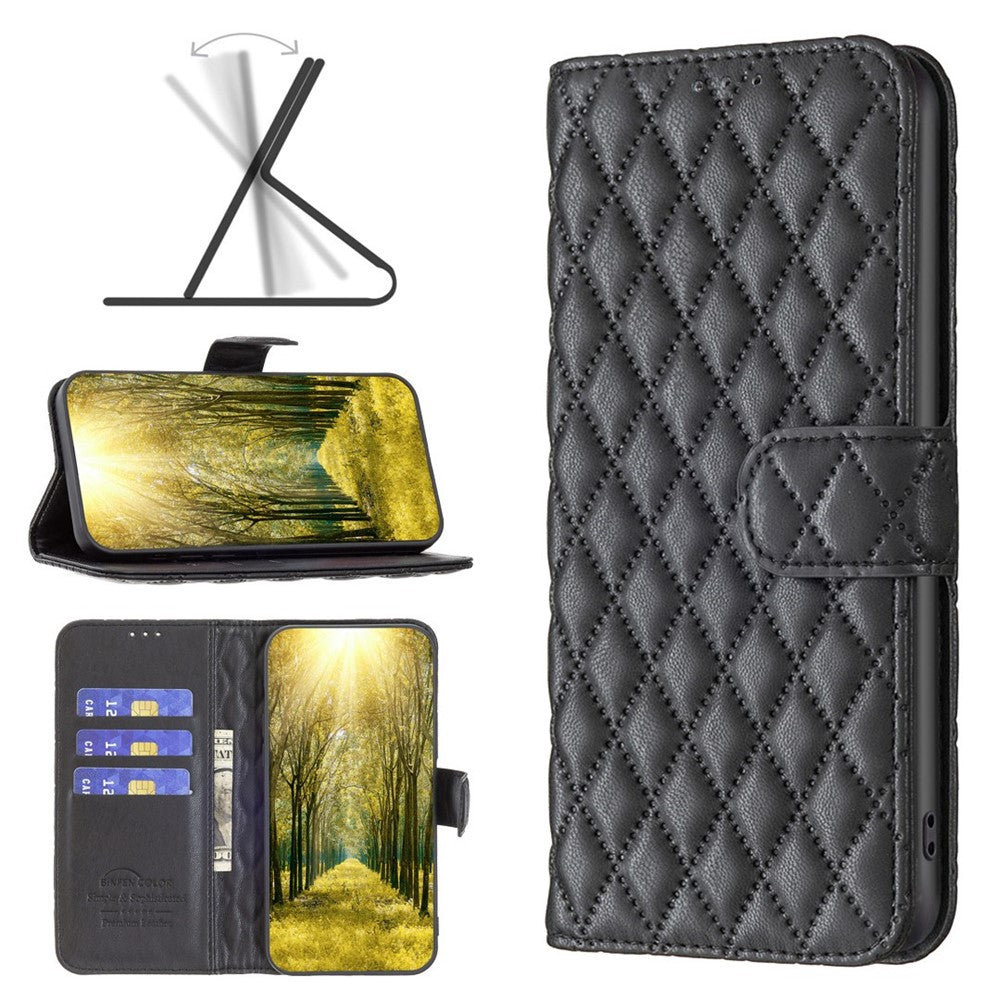 BINFEN COLOR For iPhone 14 6.1 inch BF Style-14 Matte PU Leather Imprinted Rhombus Pattern Case Stand Wallet Cover