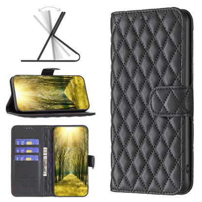 BINFEN COLOR For iPhone 14 6.1 inch BF Style-14 Matte PU Leather Imprinted Rhombus Pattern Case Stand Wallet Cover