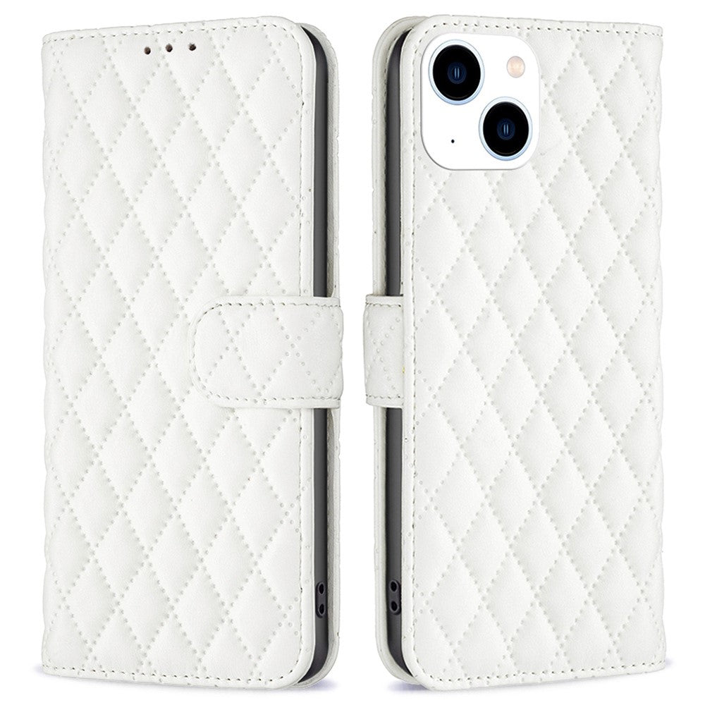 BINFEN COLOR For iPhone 14 6.1 inch BF Style-14 Matte PU Leather Imprinted Rhombus Pattern Case Stand Wallet Cover