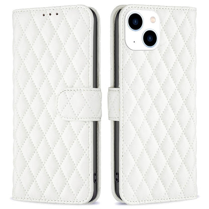 BINFEN COLOR For iPhone 14 6.1 inch BF Style-14 Matte PU Leather Imprinted Rhombus Pattern Case Stand Wallet Cover