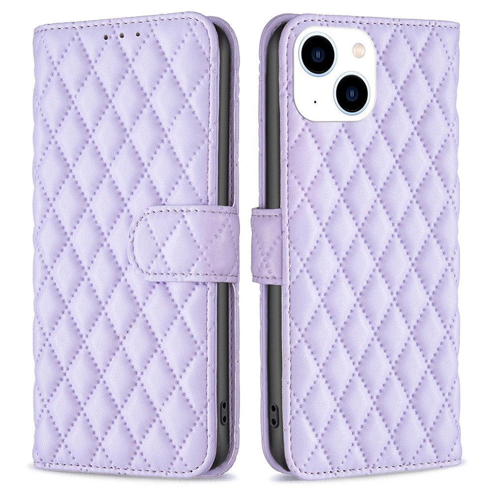 BINFEN COLOR For iPhone 14 6.1 inch BF Style-14 Matte PU Leather Imprinted Rhombus Pattern Case Stand Wallet Cover