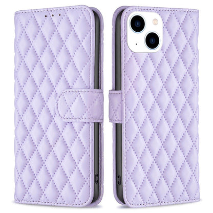 BINFEN COLOR For iPhone 14 6.1 inch BF Style-14 Matte PU Leather Imprinted Rhombus Pattern Case Stand Wallet Cover