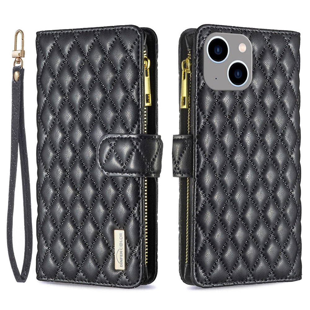 BINFEN COLOR for iPhone 14 Plus 6.7 inch BF Style-15 Anti-fall Zipper Pocket Imprinted Rhombus Pattern Case Flip Stand Matte PU Leather Wallet Cover