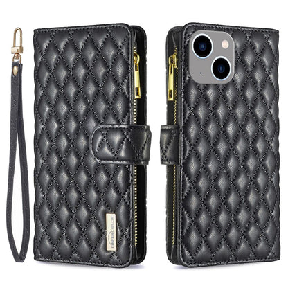 BINFEN COLOR for iPhone 14 Plus 6.7 inch BF Style-15 Anti-fall Zipper Pocket Imprinted Rhombus Pattern Case Flip Stand Matte PU Leather Wallet Cover