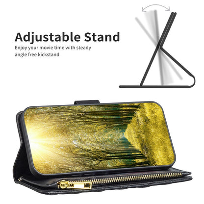 BINFEN COLOR for iPhone 14 Plus 6.7 inch BF Style-15 Anti-fall Zipper Pocket Imprinted Rhombus Pattern Case Flip Stand Matte PU Leather Wallet Cover