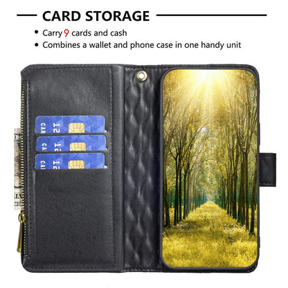 BINFEN COLOR for iPhone 14 Plus 6.7 inch BF Style-15 Anti-fall Zipper Pocket Imprinted Rhombus Pattern Case Flip Stand Matte PU Leather Wallet Cover