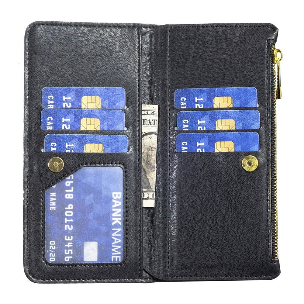 BINFEN COLOR for iPhone 14 Plus 6.7 inch BF Style-15 Anti-fall Zipper Pocket Imprinted Rhombus Pattern Case Flip Stand Matte PU Leather Wallet Cover