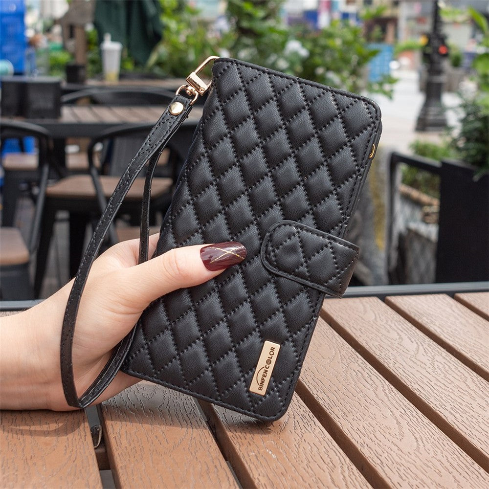 BINFEN COLOR for iPhone 14 Plus 6.7 inch BF Style-15 Anti-fall Zipper Pocket Imprinted Rhombus Pattern Case Flip Stand Matte PU Leather Wallet Cover
