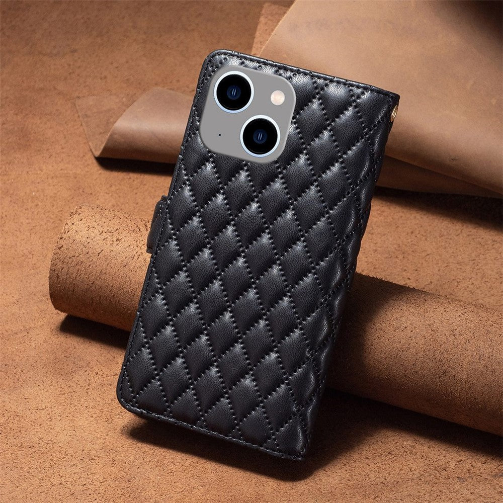 BINFEN COLOR for iPhone 14 Plus 6.7 inch BF Style-15 Anti-fall Zipper Pocket Imprinted Rhombus Pattern Case Flip Stand Matte PU Leather Wallet Cover