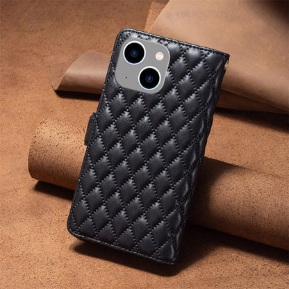 BINFEN COLOR for iPhone 14 Plus 6.7 inch BF Style-15 Anti-fall Zipper Pocket Imprinted Rhombus Pattern Case Flip Stand Matte PU Leather Wallet Cover