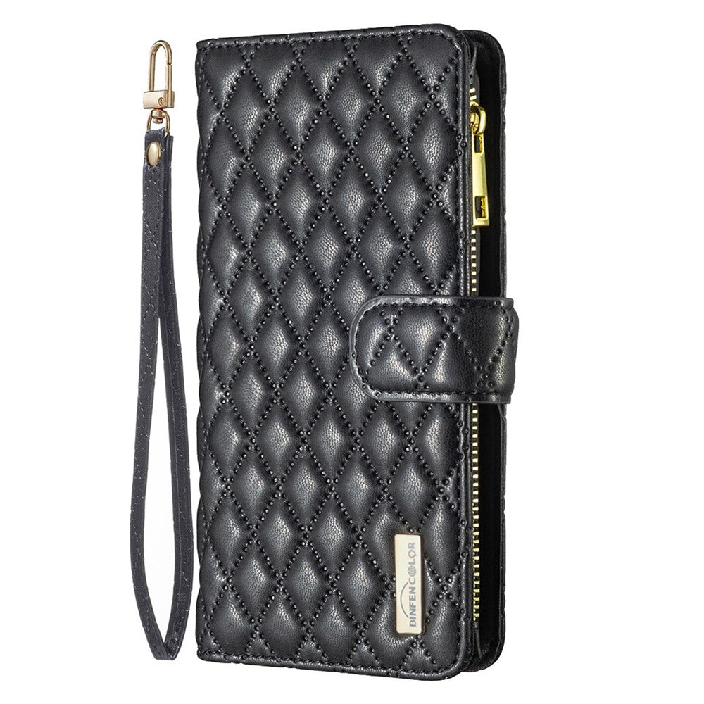 BINFEN COLOR for iPhone 14 Plus 6.7 inch BF Style-15 Anti-fall Zipper Pocket Imprinted Rhombus Pattern Case Flip Stand Matte PU Leather Wallet Cover