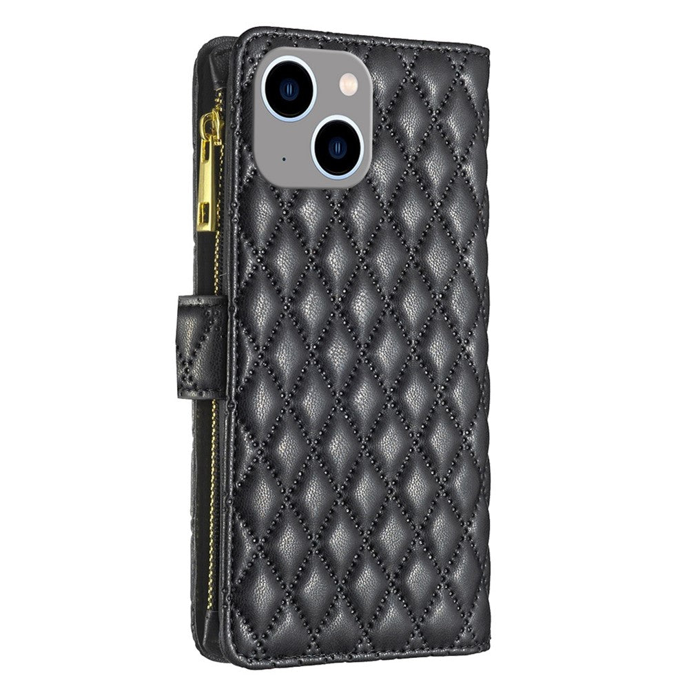 BINFEN COLOR for iPhone 14 Plus 6.7 inch BF Style-15 Anti-fall Zipper Pocket Imprinted Rhombus Pattern Case Flip Stand Matte PU Leather Wallet Cover