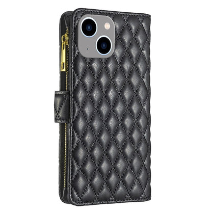 BINFEN COLOR for iPhone 14 Plus 6.7 inch BF Style-15 Anti-fall Zipper Pocket Imprinted Rhombus Pattern Case Flip Stand Matte PU Leather Wallet Cover