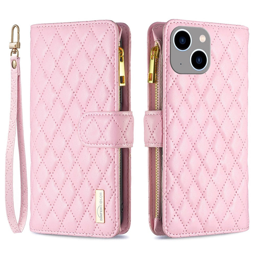 BINFEN COLOR for iPhone 14 Plus 6.7 inch BF Style-15 Anti-fall Zipper Pocket Imprinted Rhombus Pattern Case Flip Stand Matte PU Leather Wallet Cover