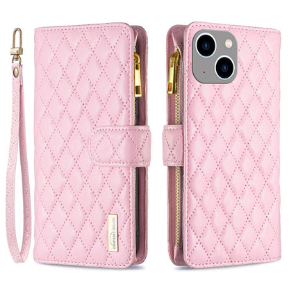 BINFEN COLOR for iPhone 14 Plus 6.7 inch BF Style-15 Anti-fall Zipper Pocket Imprinted Rhombus Pattern Case Flip Stand Matte PU Leather Wallet Cover