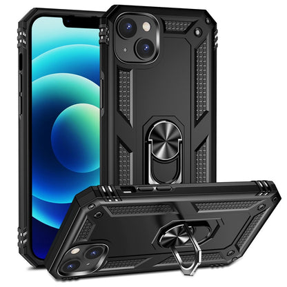 For iPhone 14 Plus 6.7 inch Ring Kickstand Hybrid TPU + PC Case Anti-drop Phone Cover with Car Mount Metal Sheet