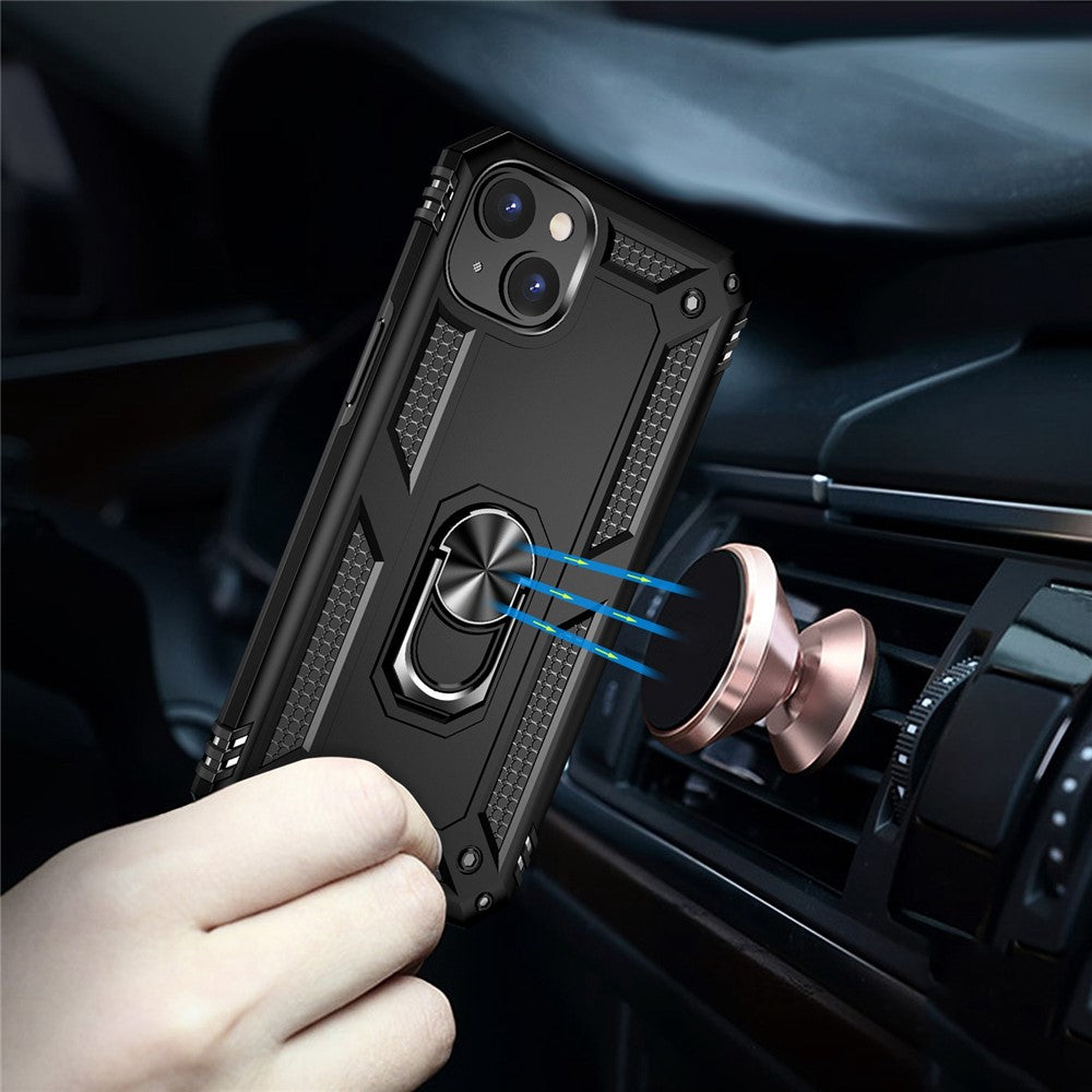 For iPhone 14 Plus 6.7 inch Ring Kickstand Hybrid TPU + PC Case Anti-drop Phone Cover with Car Mount Metal Sheet
