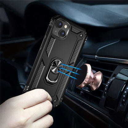 For iPhone 14 Plus 6.7 inch Ring Kickstand Hybrid TPU + PC Case Anti-drop Phone Cover with Car Mount Metal Sheet