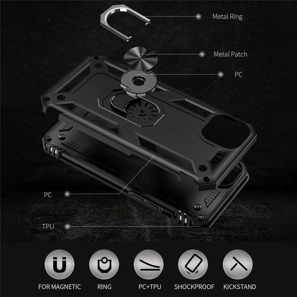 For iPhone 14 Plus 6.7 inch Ring Kickstand Hybrid TPU + PC Case Anti-drop Phone Cover with Car Mount Metal Sheet