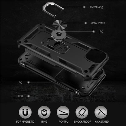 For iPhone 14 Plus 6.7 inch Ring Kickstand Hybrid TPU + PC Case Anti-drop Phone Cover with Car Mount Metal Sheet