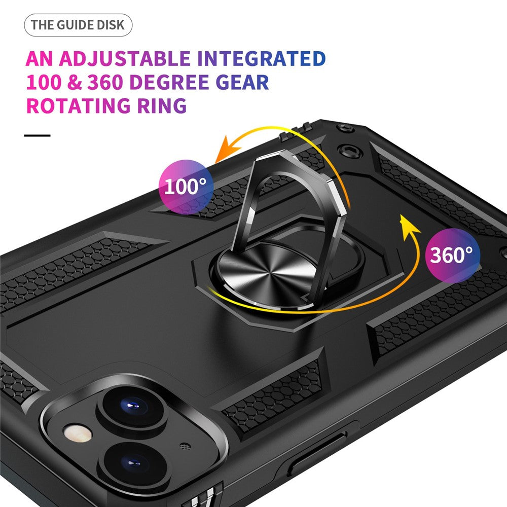 For iPhone 14 Plus 6.7 inch Ring Kickstand Hybrid TPU + PC Case Anti-drop Phone Cover with Car Mount Metal Sheet