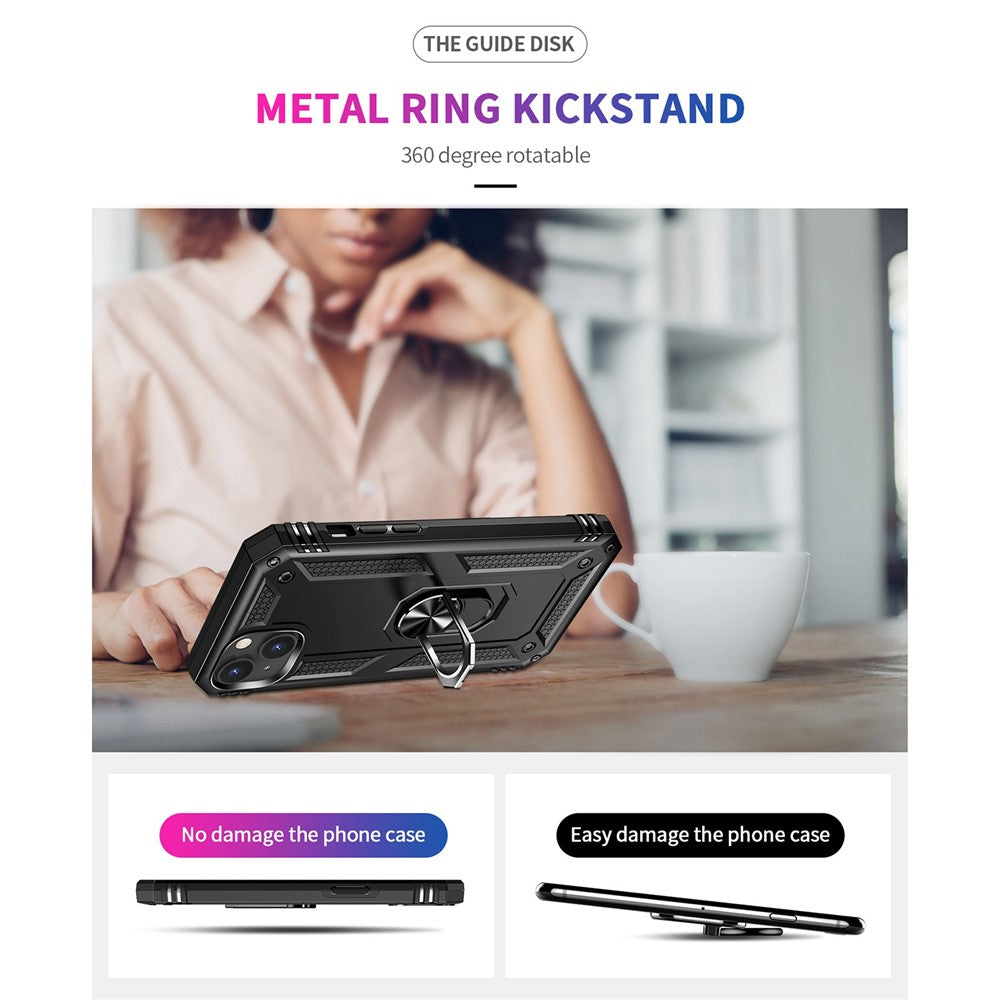 For iPhone 14 Plus 6.7 inch Ring Kickstand Hybrid TPU + PC Case Anti-drop Phone Cover with Car Mount Metal Sheet