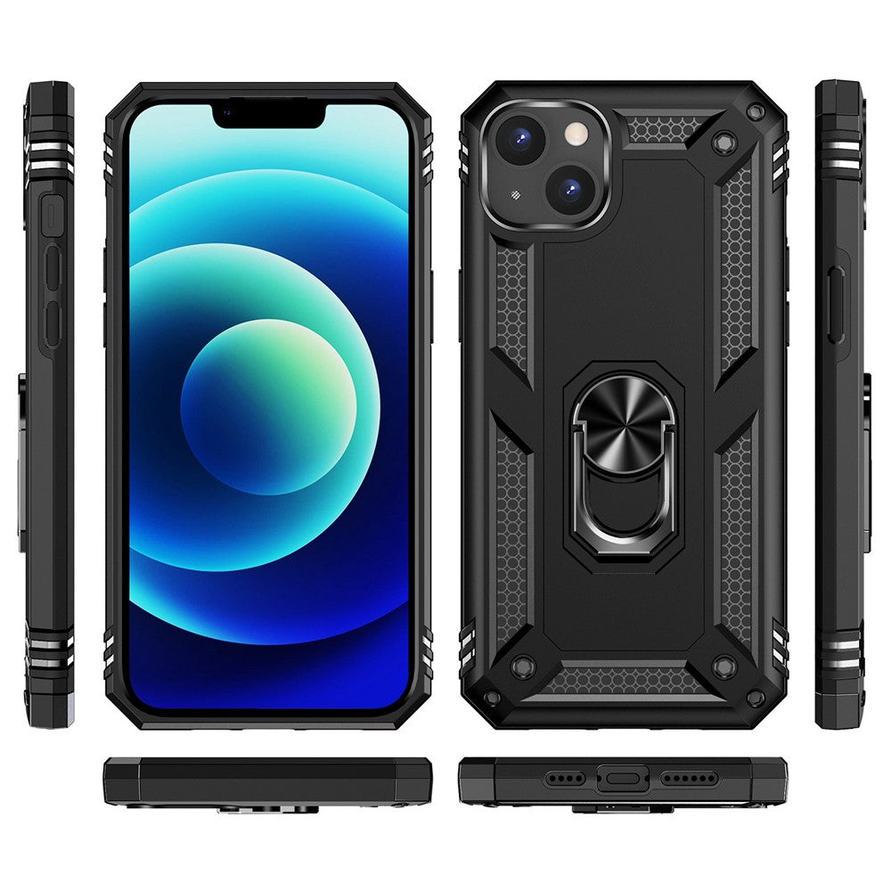 For iPhone 14 Plus 6.7 inch Ring Kickstand Hybrid TPU + PC Case Anti-drop Phone Cover with Car Mount Metal Sheet