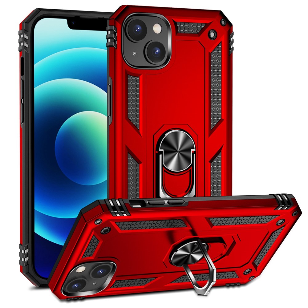 For iPhone 14 Plus 6.7 inch Ring Kickstand Hybrid TPU + PC Case Anti-drop Phone Cover with Car Mount Metal Sheet