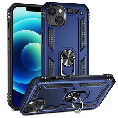For iPhone 14 Plus 6.7 inch Ring Kickstand Hybrid TPU + PC Case Anti-drop Phone Cover with Car Mount Metal Sheet