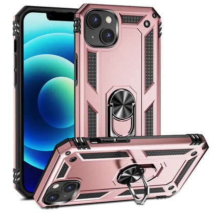 For iPhone 14 Plus 6.7 inch Ring Kickstand Hybrid TPU + PC Case Anti-drop Phone Cover with Car Mount Metal Sheet
