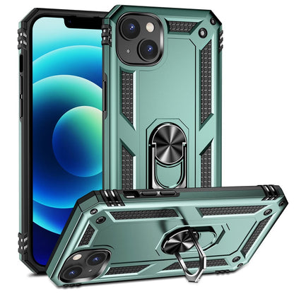 For iPhone 14 Plus 6.7 inch Ring Kickstand Hybrid TPU + PC Case Anti-drop Phone Cover with Car Mount Metal Sheet
