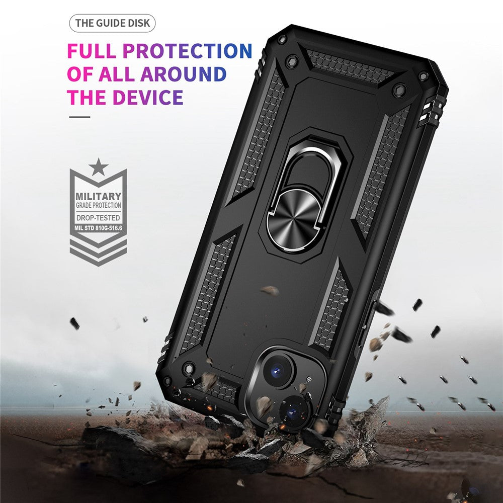 For iPhone 14 6.1 inch Military Grade Shockproof TPU + PC Kickstand Phone Case Protector with Car Mount Metal Sheet