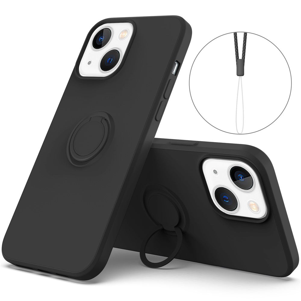 For iPhone 14 Plus 6.7 inch Easy Grip Ring Kickstand Liquid Silicone Phone Case Protective Back Cover with Wrist Strap