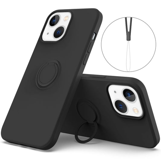 For iPhone 14 Plus 6.7 inch Easy Grip Ring Kickstand Liquid Silicone Phone Case Protective Back Cover with Wrist Strap