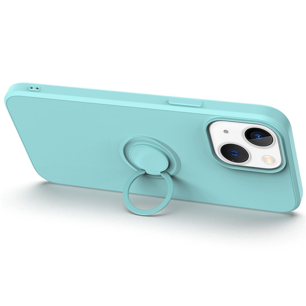 For iPhone 14 Plus 6.7 inch Easy Grip Ring Kickstand Liquid Silicone Phone Case Protective Back Cover with Wrist Strap