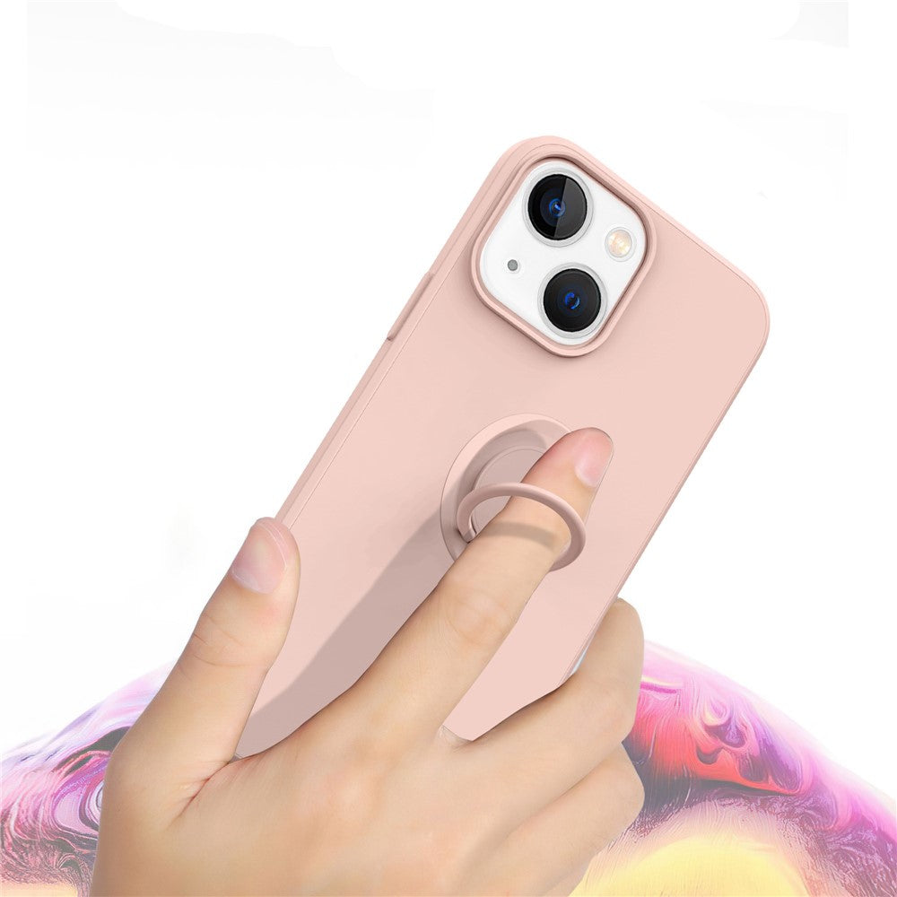For iPhone 14 Plus 6.7 inch Easy Grip Ring Kickstand Liquid Silicone Phone Case Protective Back Cover with Wrist Strap