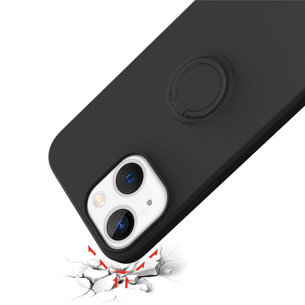 For iPhone 14 Plus 6.7 inch Easy Grip Ring Kickstand Liquid Silicone Phone Case Protective Back Cover with Wrist Strap