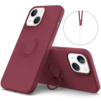 For iPhone 14 Plus 6.7 inch Easy Grip Ring Kickstand Liquid Silicone Phone Case Protective Back Cover with Wrist Strap