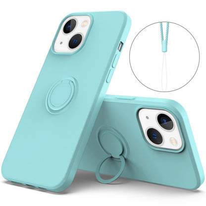 For iPhone 14 Plus 6.7 inch Easy Grip Ring Kickstand Liquid Silicone Phone Case Protective Back Cover with Wrist Strap