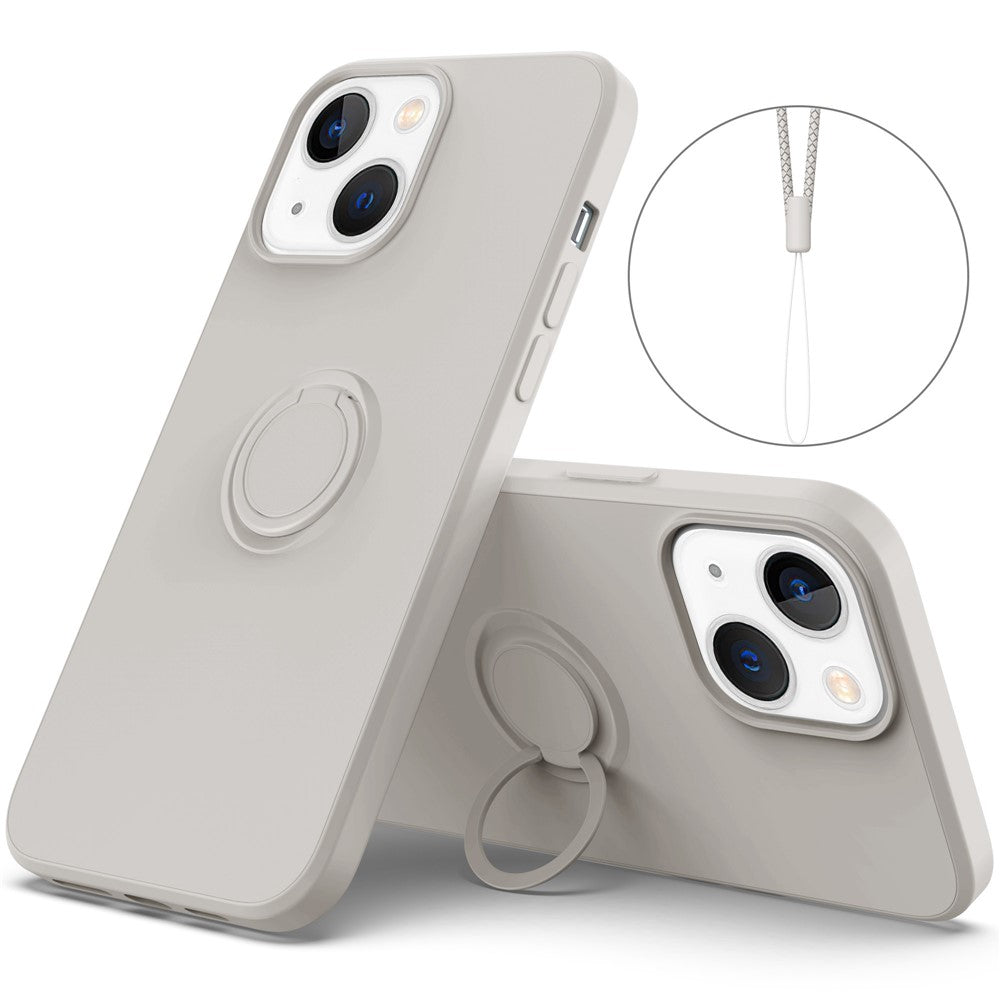 For iPhone 14 Plus 6.7 inch Easy Grip Ring Kickstand Liquid Silicone Phone Case Protective Back Cover with Wrist Strap