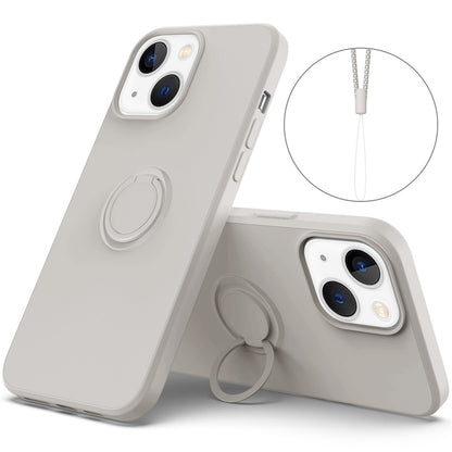 For iPhone 14 Plus 6.7 inch Easy Grip Ring Kickstand Liquid Silicone Phone Case Protective Back Cover with Wrist Strap