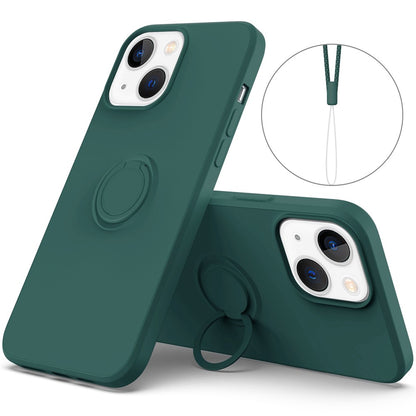 For iPhone 14 Plus 6.7 inch Easy Grip Ring Kickstand Liquid Silicone Phone Case Protective Back Cover with Wrist Strap