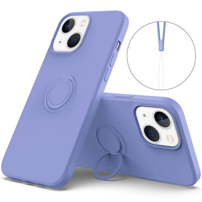 For iPhone 14 Plus 6.7 inch Easy Grip Ring Kickstand Liquid Silicone Phone Case Protective Back Cover with Wrist Strap