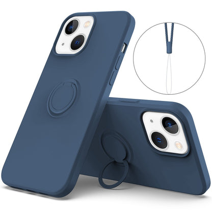 For iPhone 14 Plus 6.7 inch Easy Grip Ring Kickstand Liquid Silicone Phone Case Protective Back Cover with Wrist Strap